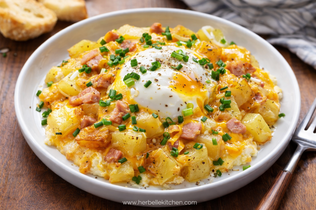 Breakfast Food For Dinner Cheesy Potato Egg Scramble with Eggs & Potatoes