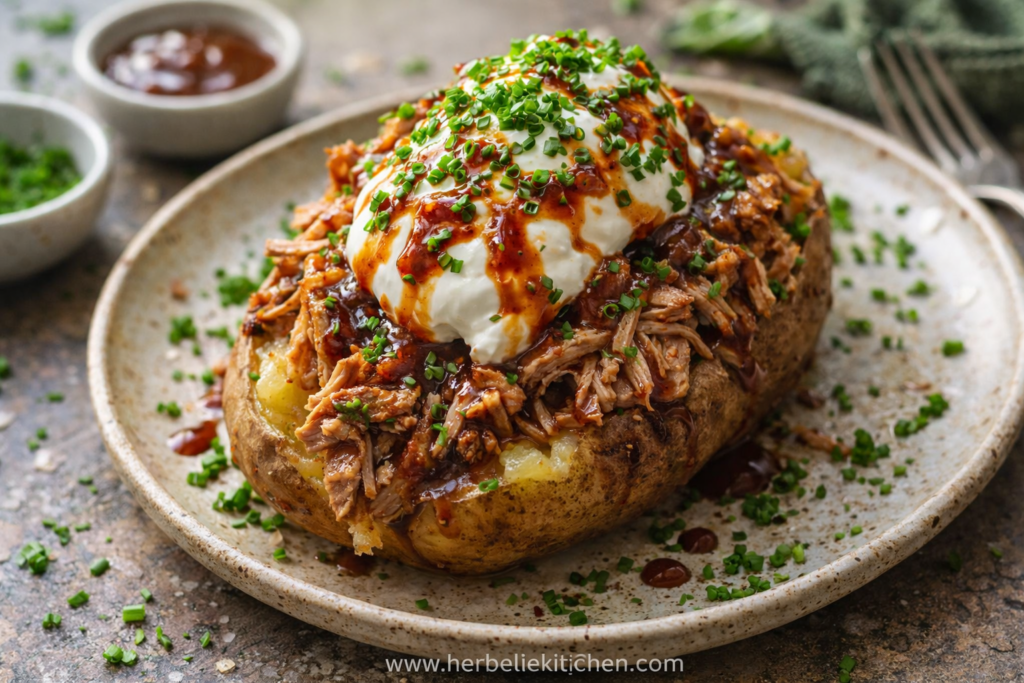 Shredded Pork Recipes for Dinner – Loaded Pulled Pork Baked Potato Idea