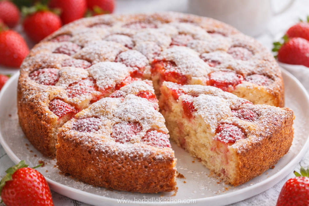 Strawberry Cake Easy Recipe – Moist Cake Slice With Powdered Sugar